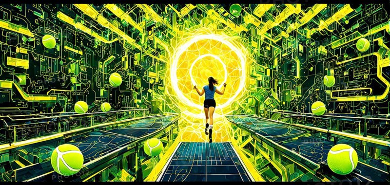 Vibrant mix of abstract circuitry intertwined with tennis balls, representing AI role in personalized sports training, AI generated