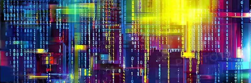 Binary code cascading down like digital rain, representing data insights, vibrant hues, AI generated