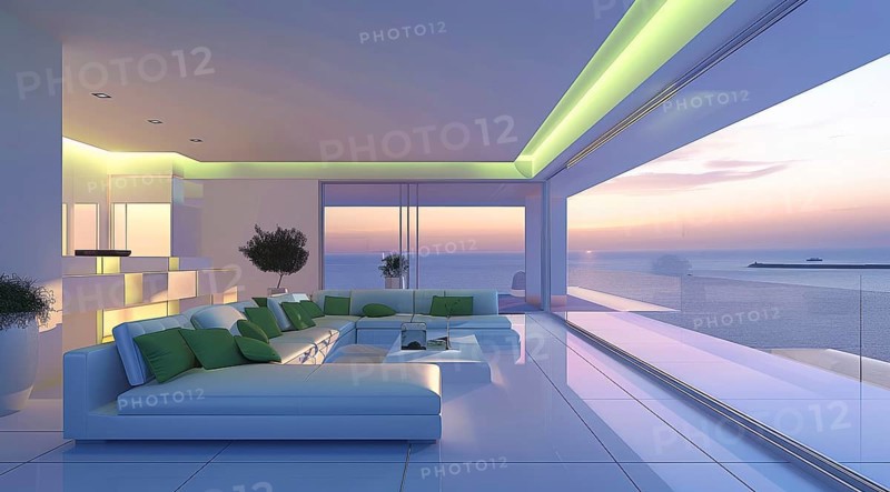 Modern Luxury spacious living room in a condo with sliding windows and scenic view., AI generated