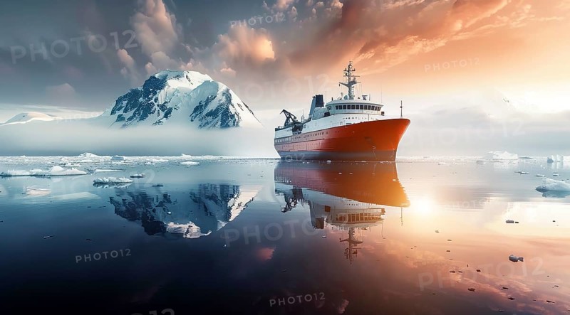 Icebreaker ship in cold Antarctic ocean on expedition mission discovering new energy resources., AI generated