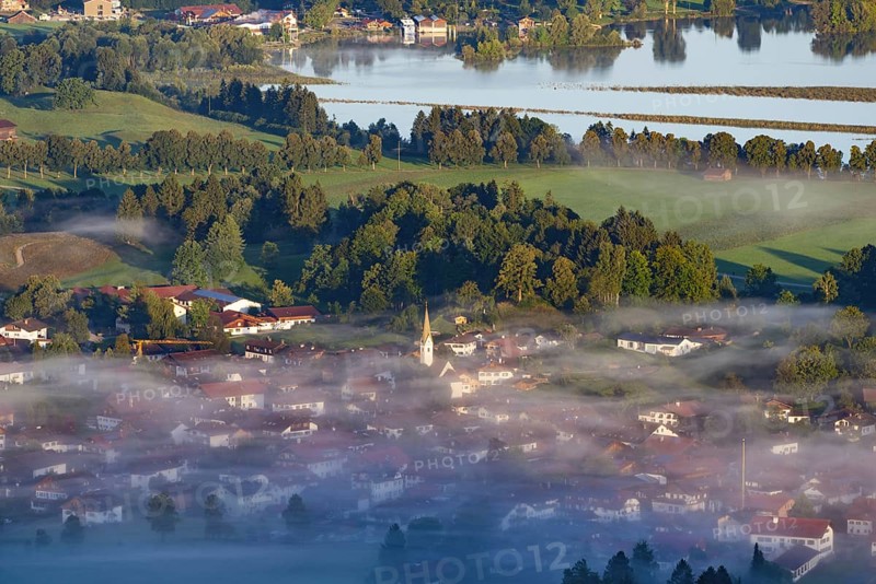Panorama from Tegelberg to Schwangau and the Forggensee, Ostallgäu, Allgäu, Swabia, Bavaria, Germany, Europe