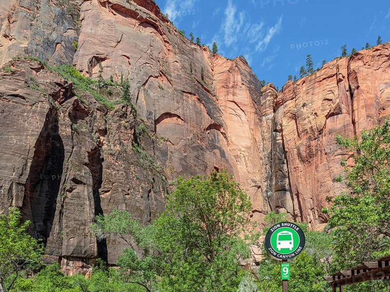 Shuttle Stop #9 at the Temple of Sinawava at the end of the Zion Canyon shuttle route in Zion National Park, Utah