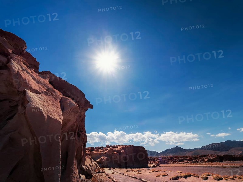 Red rock formations at the ancient petroglyphs in the Atacama Desert, Chile, South America