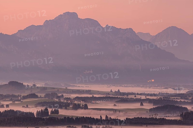 Foggy mood, morning light, mountain landscape, autumn, Alpine foothills, Königswinkel, view of Säuling, Ammergau Alps, Neuschwanstein, Bavaria, Germany, Europe