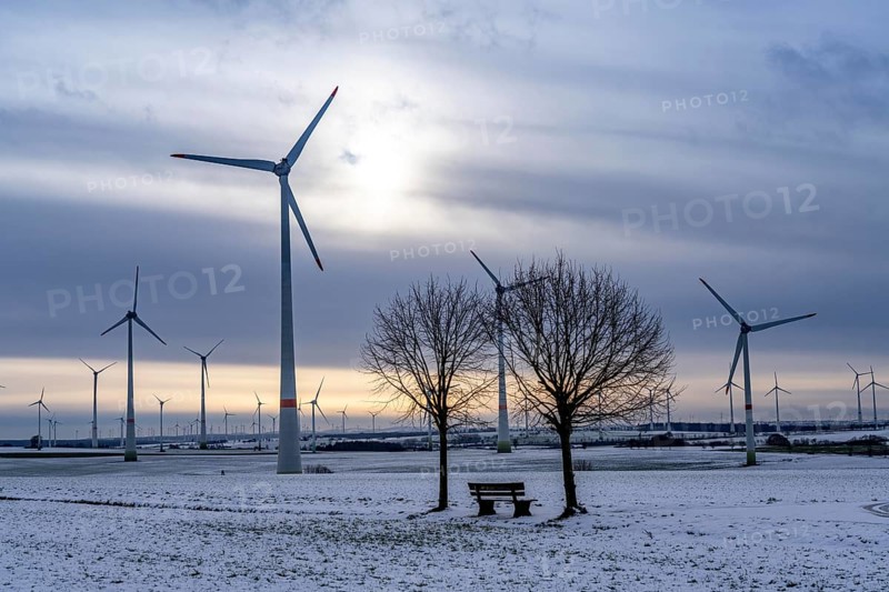 Wind farm, north of Lichtenau, self-proclaimed energy town, over 190 wind turbines and over 1200 solar panels generate 10 times as much electricity as the community of 11, 900 inhabitants consumes, largest onshore cluster of wind turbines in Germany, winter, slightly snow-covered landscape, North Rhine-Westphalia, Germany, Europe