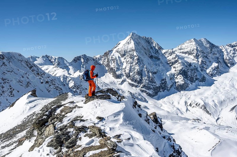 Ski tourers on foot, mountain panorama with snow-covered mountain landscape in winter, view of mountain peak Königsspitze, summit of Madritschspitze, Ortler Alps, Vinschgau Valley, Italy, Europe