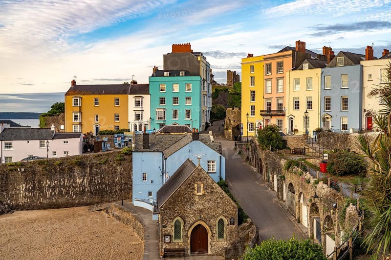 St Julian's Chapel and the colourful houses of Tenby, Wales, Great Britain