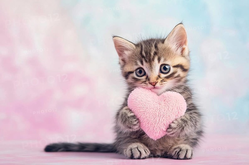 Cute small tabby kitten holding plush heart in front of pastel background. Generative AI, AI generated