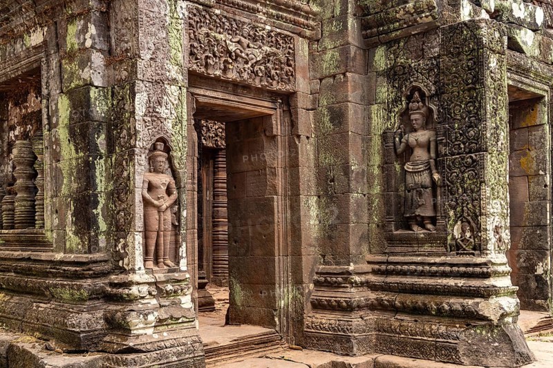 Apsara reliefs at the sanctuary of the mountain temple Wat Phu, Champasak province, Laos, Asia