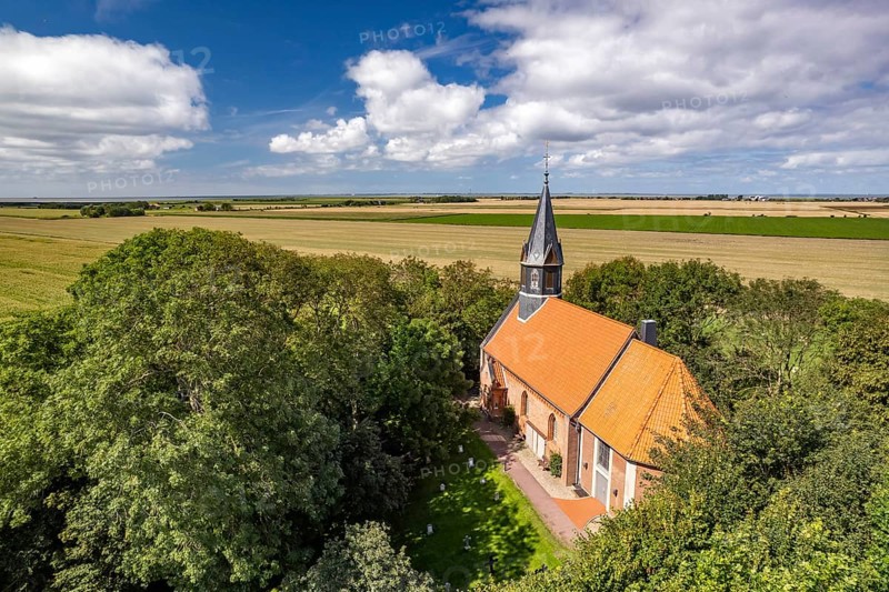 St Vincent's Church in Odenbüll seen from the air, Nordstrand peninsula, North Friesland district, Schleswig-Holstein, Germany, Europe