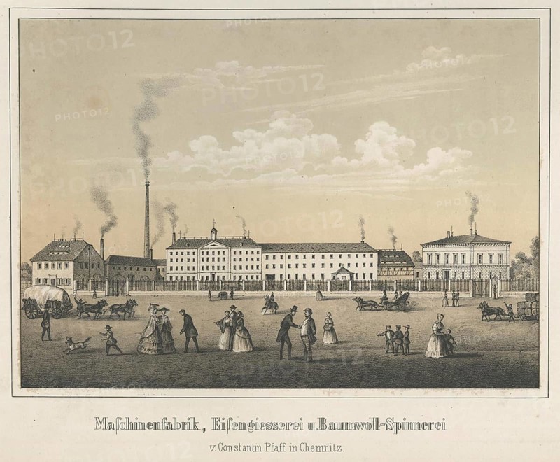 Machine factory, iron foundry and cotton spinning mill of Constantin Pfaff in Chemnitz, around 1900, Saxony, Germany, digitally enhanced reproduction from a historical original, public domain, Europe