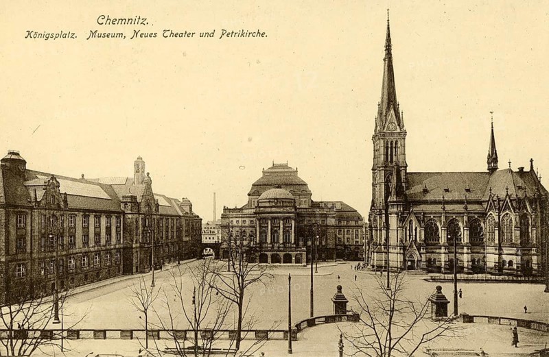 Königsplatz, Museum, Neues Theater, Petrikirche, Chemnitz, 1911, Saxony, Germany, digitally enhanced reproduction from a historical original, c. 1900, public domain, Europe