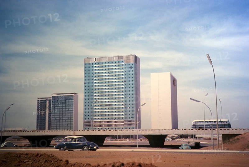 Modern architecture street system skyscrapers Brasilia, Federal District, Brazil in 1962