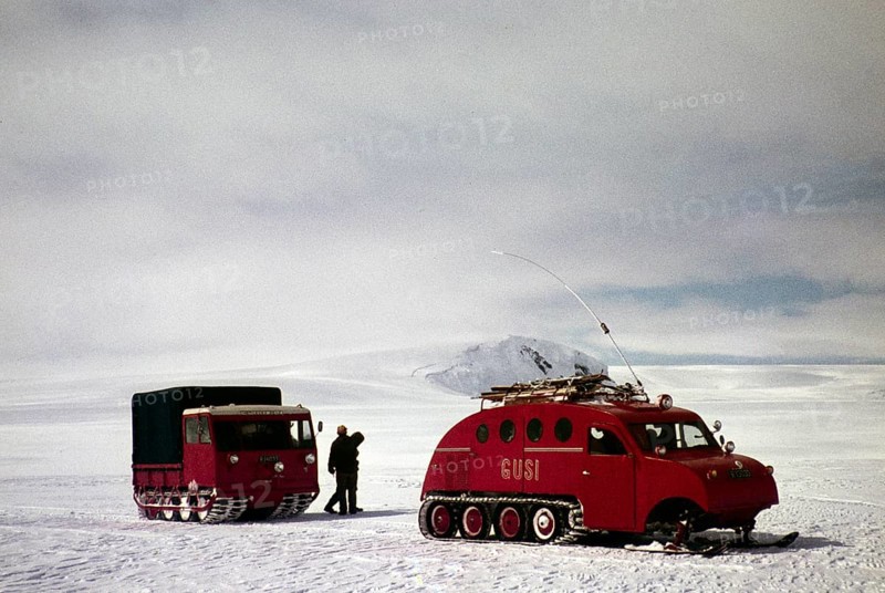 Mercedes Benz snow chain vehicle and GUSI Bombardier B 12 snowmobile, Gudmundur Jonasson travel company Adventure Arctic expedition to the frozen ice cap, Iceland, 1972 Grímsvötn volcano, Europe