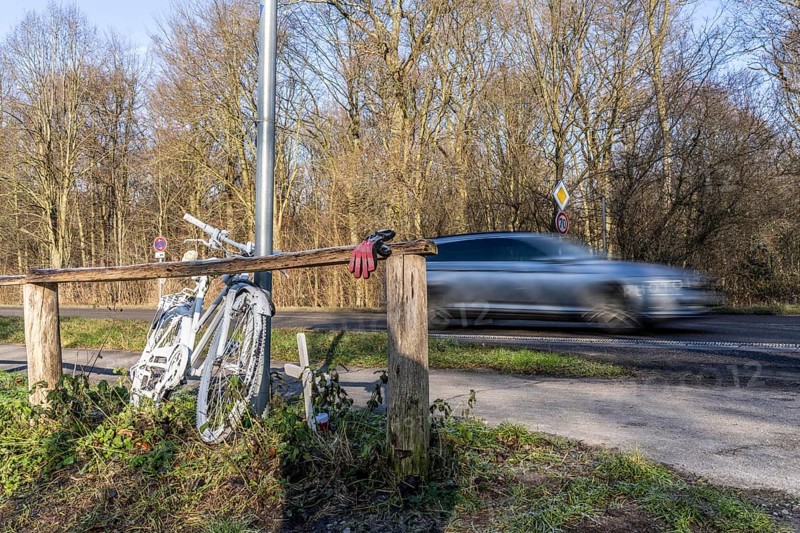 Ghost bike on Kalkumer Schlossallee in Düsseldorf-Kalkum, where a cyclist was hit and killed by a car while crossing the road, the ghost bike, set up by the ADFC, is a reminder and warning of the fatal accident, a busy cycle path crosses the road, without traffic lights, North Rhine-Westphalia, Germany, Europe