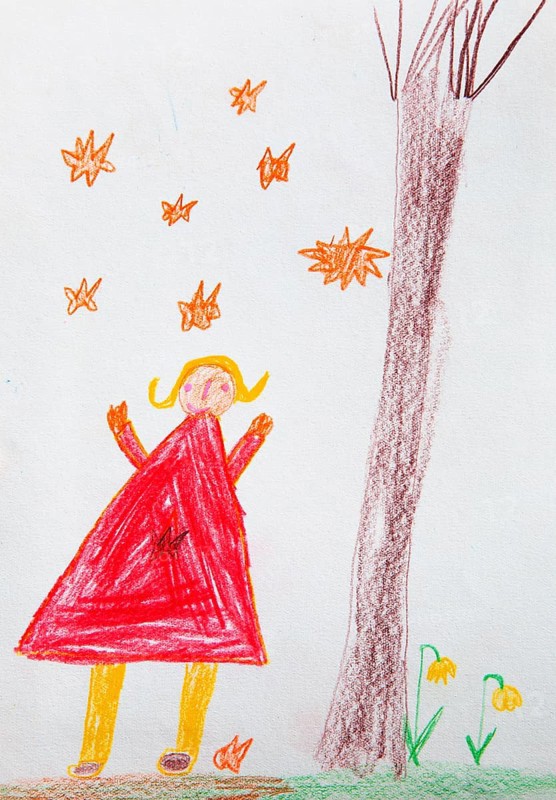 Naive illustration, children's drawing, girl standing in a flower meadow