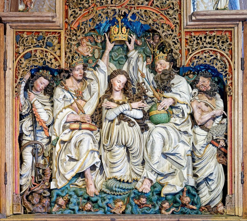 Altarpiece, Coronation of Mary by Jesus and God the Father, carved altar of the Niederrotweil Madonna, late Gothic, carver Master HL, Saint Michael, Niederrotweil, Vogtsburg, Kaiserstuhl, Upper Rhine, Baden-Württemberg, Germany, Europe