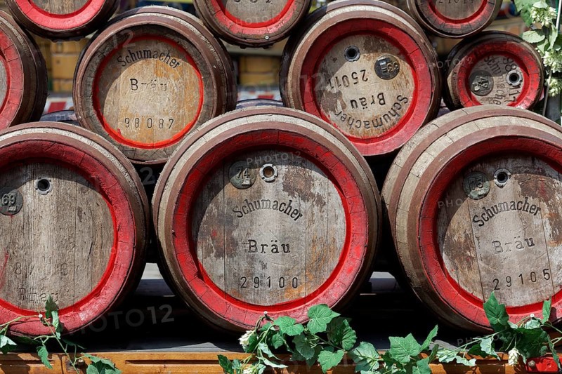 Stacked beer barrels from the Düsseldorf Altbierbrauerei Schumacher, Düsseldorf, North Rhine-Westphalia, Germany, Europe