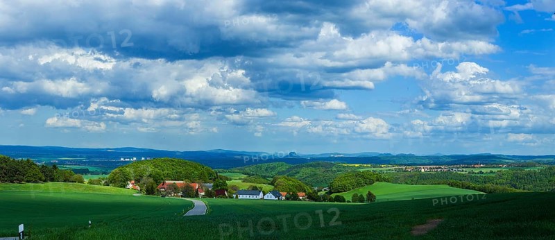 View from Schmorsdorf in the Osterzegebirge mountains into Saxon Switzerland with the Lilienstein mountain