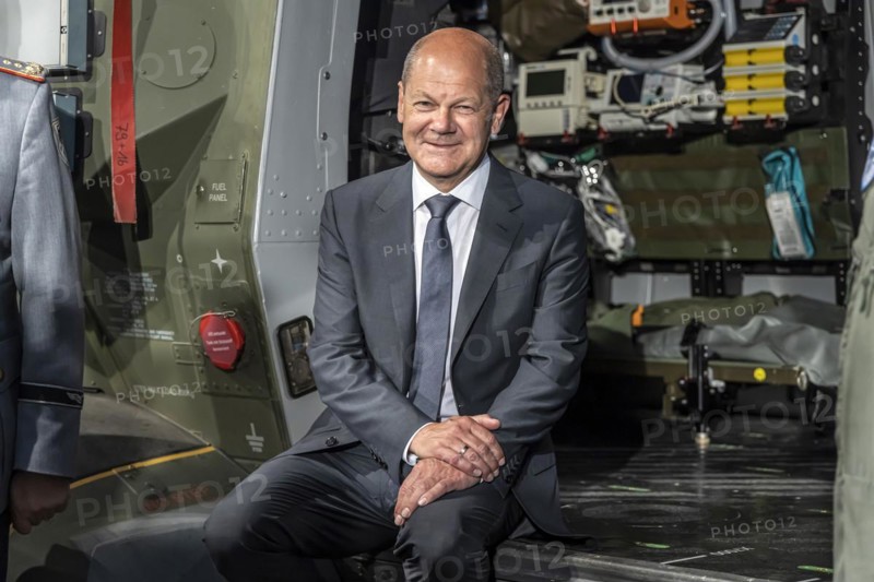 German Chancellor Olaf Scholz sits in a Bundeswehr NH90 helicopter, International Aerospace Exhibition, ILA Berlin Air Show, Schönefeld, Brandenburg, Germany, Europe