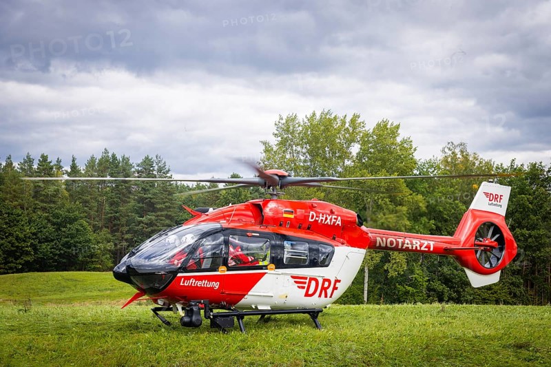 Winch rescue training of the rescue helicopter, Christoph 62, on the occasion of the 50th anniversary of the DRF Luftrettung. The rescue of casualties in the Elbe Sandstone Mountains will be practised