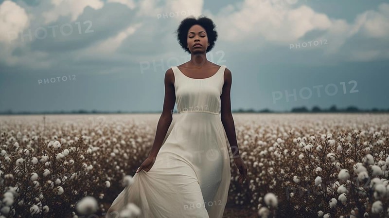 Contemplative mysterious african american woman standing amidst the cotton field. generative AI