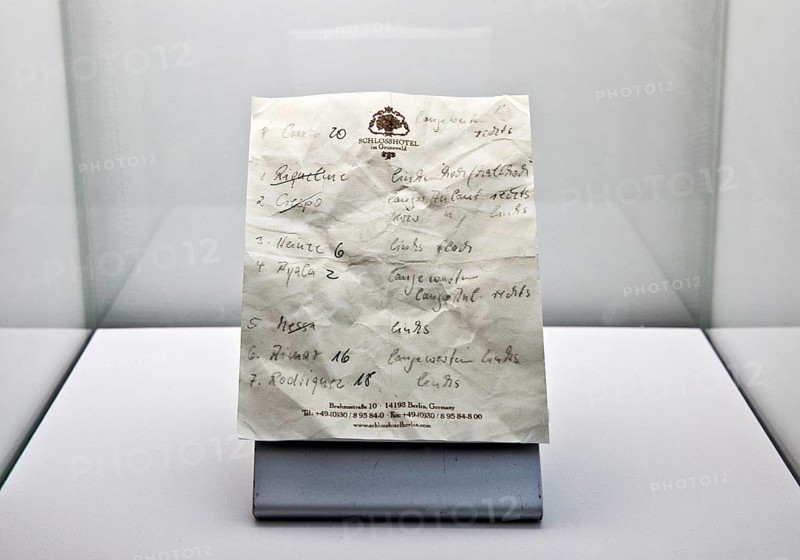 Lehman note, the note handwritten by Andreas Köpke during the 2006 World Cup penalty shootout against Argentina, House of History, Bonn, North Rhine-Westphalia, Germany, Europe