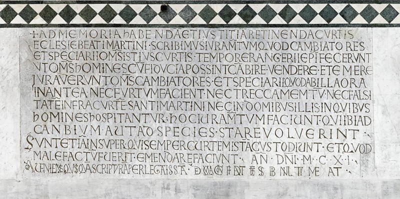 Medieval inscription for the money changers' guild, Romanesque, main façade, cathedral, Cattedrale di San Martino also Duomo di Lucca, Lucca, Tuscany, Italy, Europe