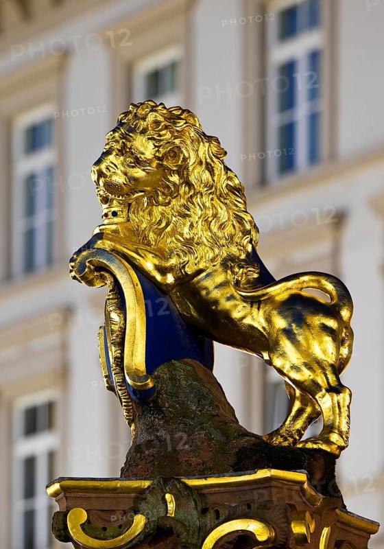 Golden Nassau lion on the market fountain, Schlossplatz, state capital Wiesbaden, Hesse, Germany, Europe
