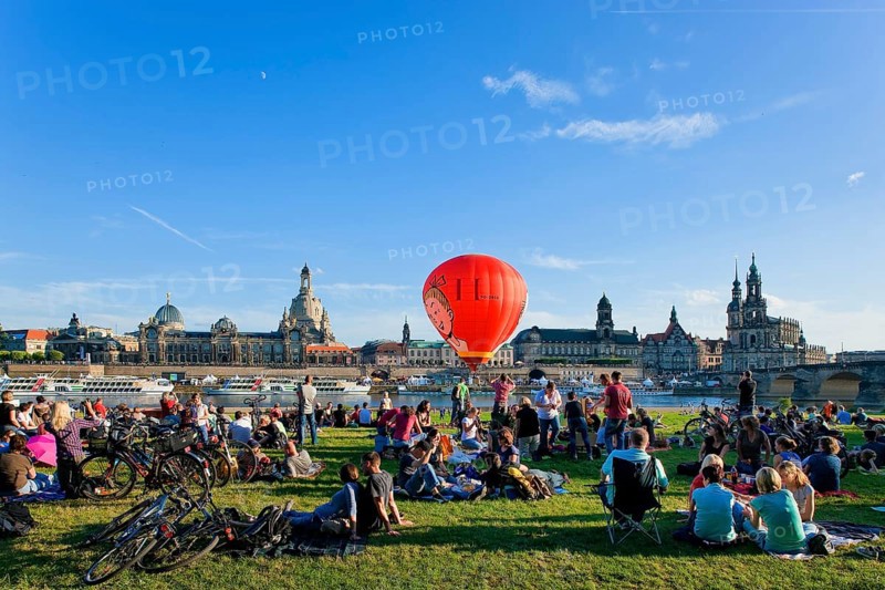 Dresden silhouette View of Dresden's historic city centre from the banks of the Elbe in Neustadt. Hot air balloon launch