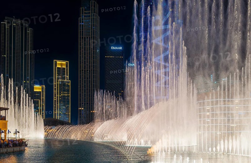 Night shot, water feature in Burj Khalifa Lake, Burk Khalifa, Downtown, Dubai, United Arab Emirates, Asia