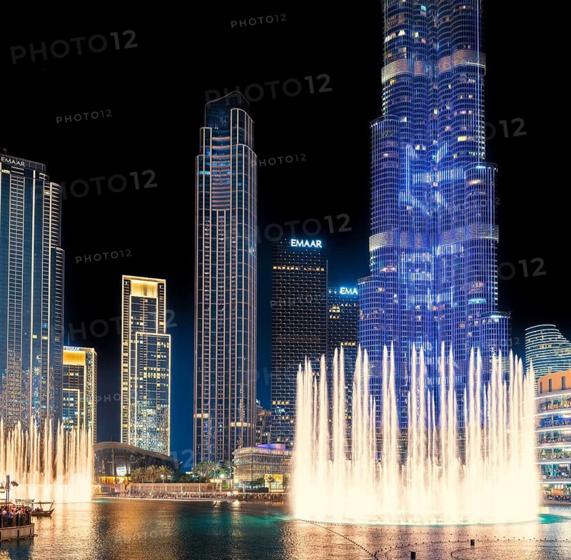 Night shot, water feature in Burj Khalifa Lake, Burk Khalifa, Downtown, Dubai, United Arab Emirates, Asia