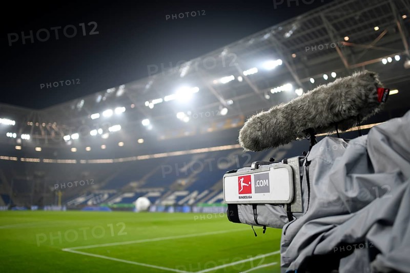 TV camera, outdoor microphone, logo, Bundesliga, SportCAST, PreZero Arena, Sinsheim, Baden-Württemberg, Germany, Europe