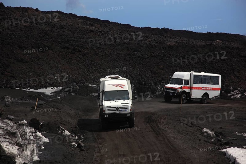 Etna, Etna volcanic landscape, bus transfer from the lift station, Sicily, Italy, Europe