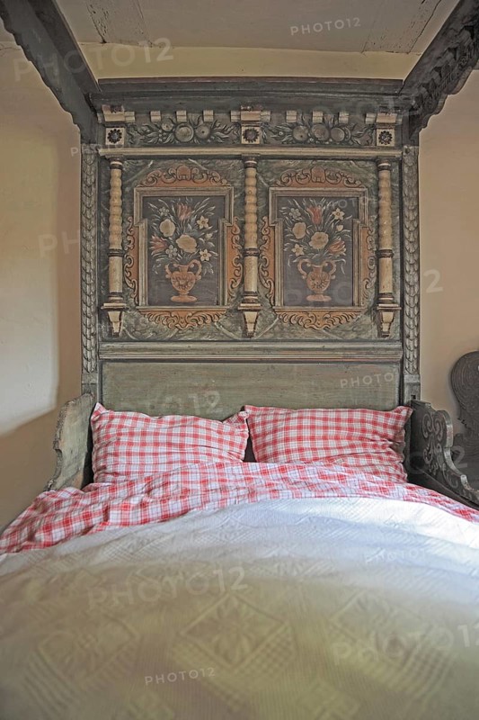 Bedroom in the Henneberg Open Air Museum near Veßra Monastery, Hildburghausen County, Thuringia, Germany, Europe