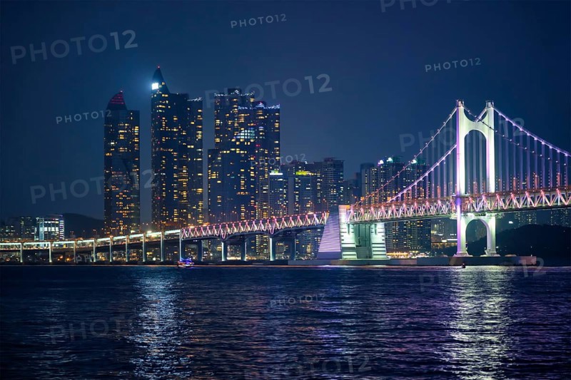 Gwangan Bridge and skyscrapers illuminated in the night. Busan, South Korea, Asia