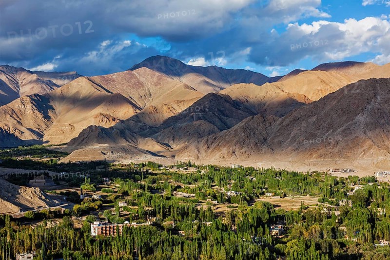 View of Leh from above from Shanti Stupa on sunset. Ladakh, Jammu and Kashmir, India, Asia