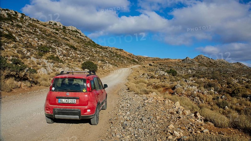 Red Panda 4x4, track, off-road track, off-road, Machia, rocks, blue sky with white clouds, Rodopou peninsula, West Crete, island of Crete, Greece, Europe