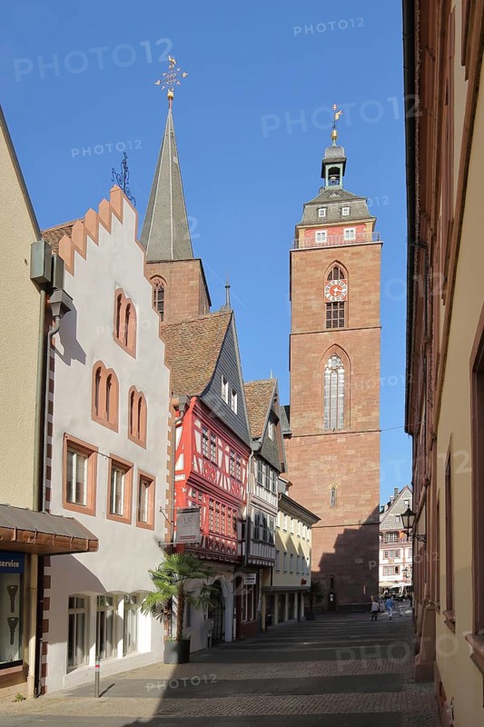 View through the town hall street to the collegiate church St. Ägidius in Neustadt an der Weinstraße, Rhineland-Palatinate, Germany, Europe