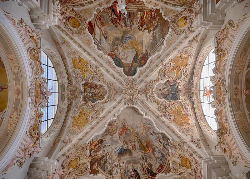 Interior photograph of ceiling frescoes, ceiling painting, monastery basilica, monastery church, Augustinian canons' monastery, Neustift monastery, also monastery, Vahrn near Brixen, Bressanone, South Tyrol, Italy, Europe