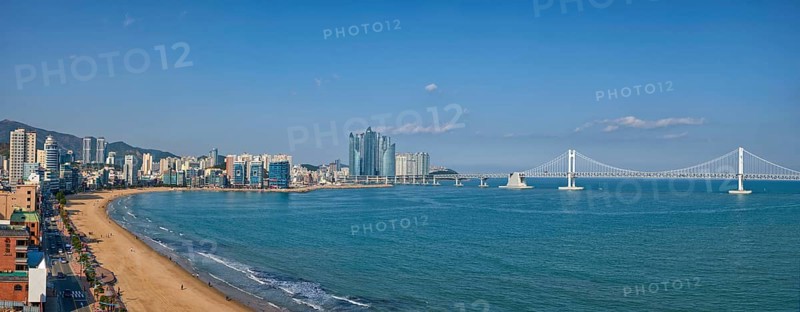 BUSAN, SOUTH KOREA, APRIL 11, 2017: Panorama of Gwangalli Beach and Gwangan bridge in Busan, a large port city in South Korea