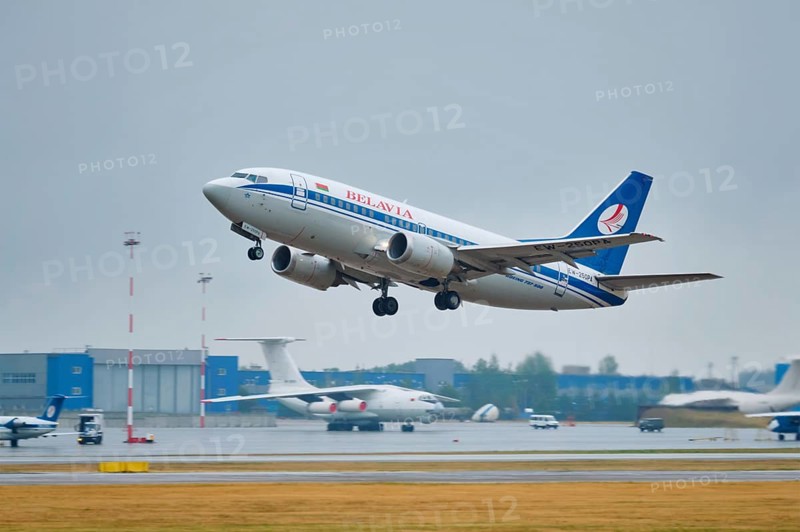 MINSK, BELARUS, JUNE 15, 2018: Belavia belarusian airlines flight Boeing 737-500 plane taking off on runway in National Airport Minsk