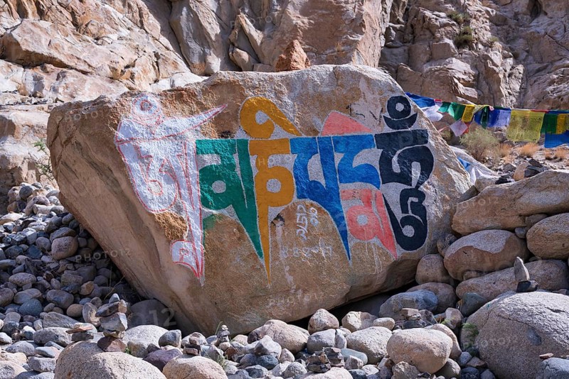 Mani stones with the engraved Tibetan mantra Om Mani Padme Hum, Nubra Valley, Ladakh, Jammu and Kashmir, India, Asia