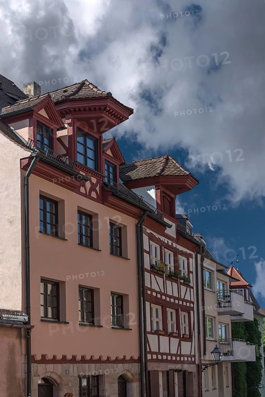 Historic roof lift bay windows, Geiersberg 15 and 17, Nuremberg, Middle Franconia, Bavaria, Germany, Europe