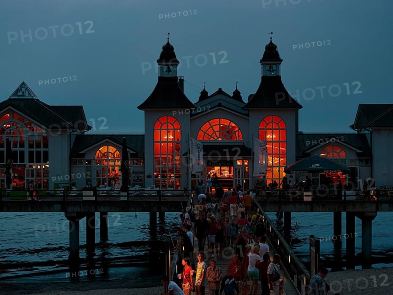 Illuminated pier Sellin, crowd at dusk, view from above, Baltic Sea resort Sellin, Rügen Island, Mecklenburg-Western Pomerania, Germany, Europe