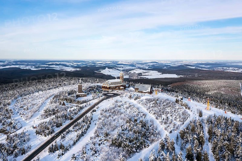 Fichtelberg highest mountain in the Ore Mountains in winter aerial view in Oberwiesenthal, Germany, Europe