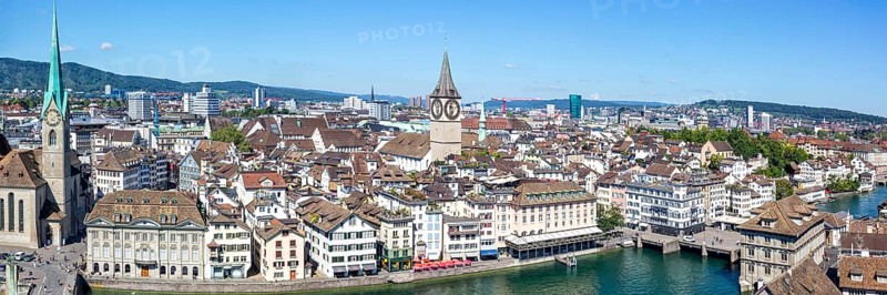 Zurich skyline from above with river Limmat panorama in Zurich, Switzerland, Europe