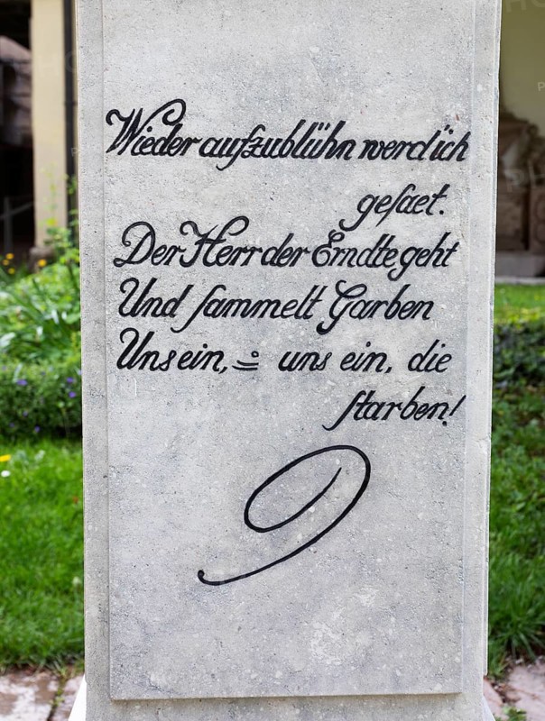 Inscription on the gravestone of Leopold and Constanze Mozart, Sebastian Cemetery, Church of Saint Sebastian, Salzburg, Austria, Europe