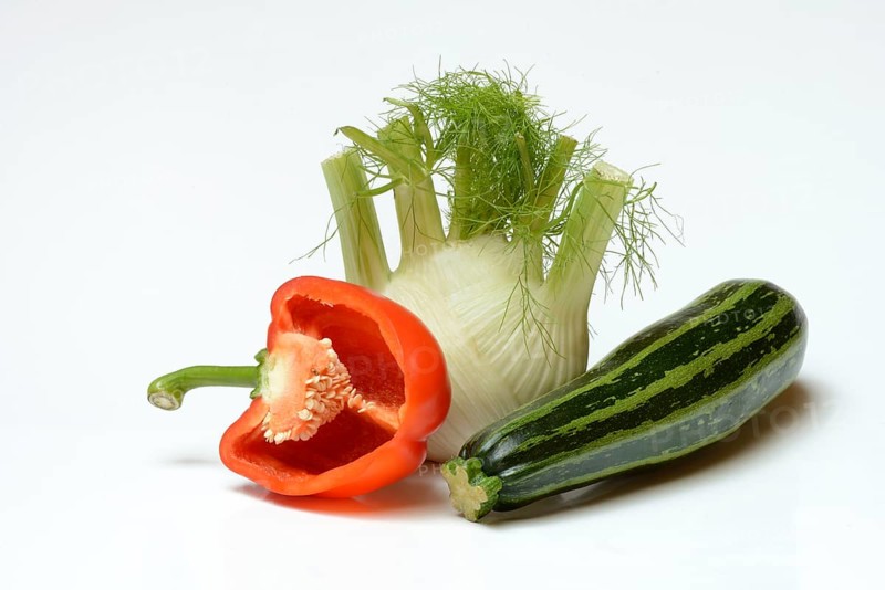 Vegetables, fennel, halved red peppers, courgettes