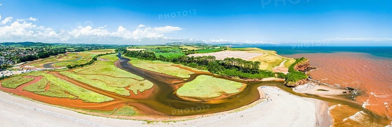 Panorama over River Otter Estuary Nature Reserve from a drone, Budleigh Salterton Beach, Devon, England, United Kingdom, Europe